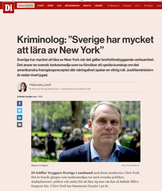 Artikeln om Tryggare Sverige i tidningen Dagens Industri